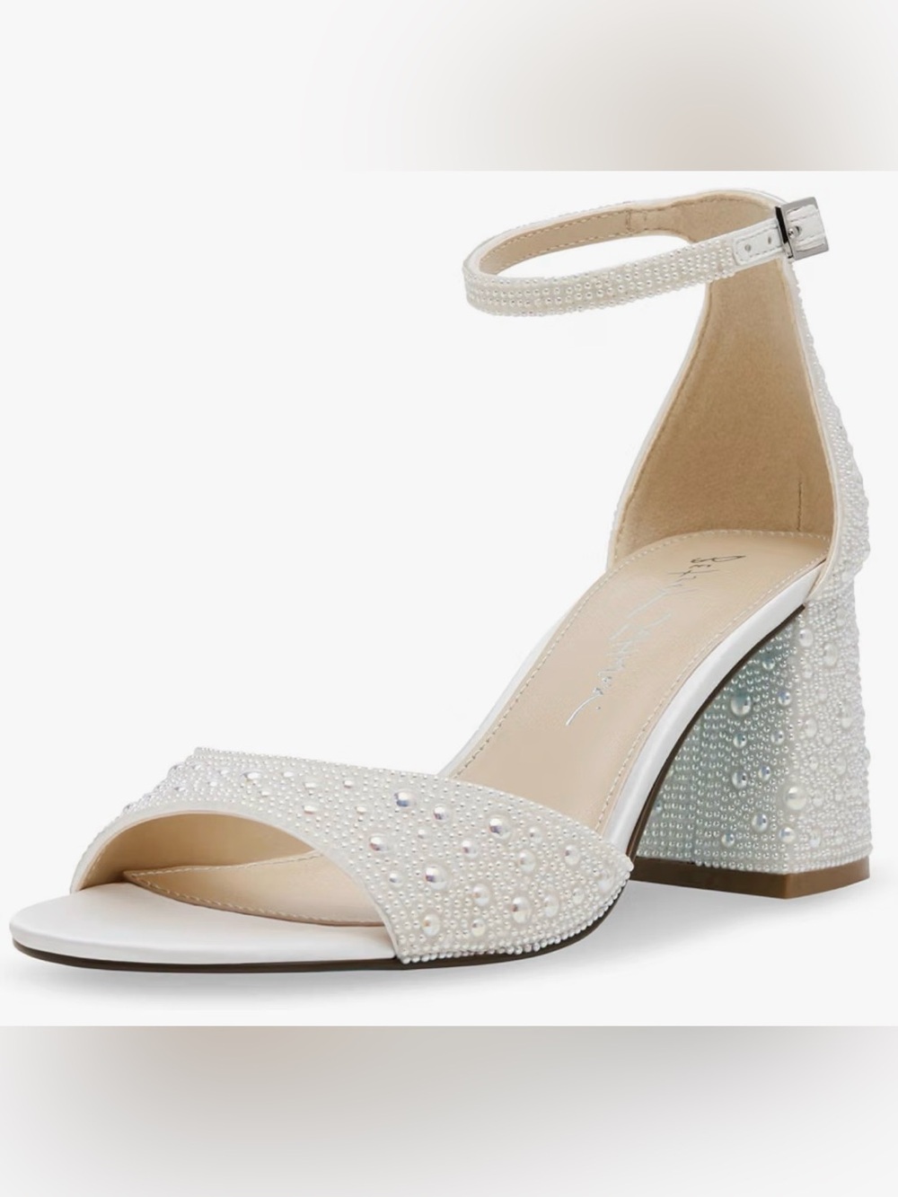 Betsey Johnson White Pearl-Embellished Block Heel Sandal Size 10